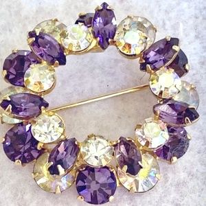 Aurora Borealis and Purple Rhinestone Brooch Vintage